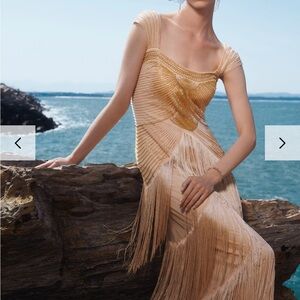 Babeyond Champagne - Graceful Gradient Bead Fringe Dress & Headpiece